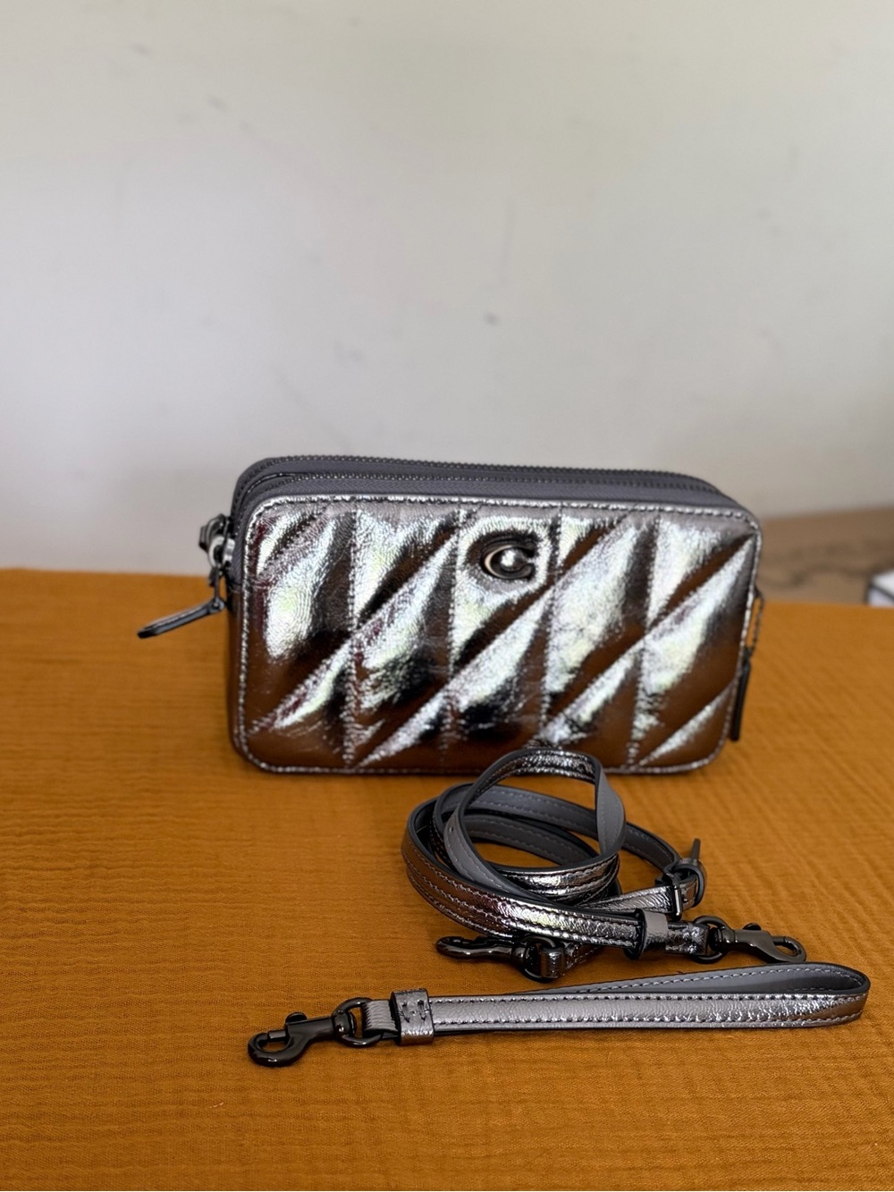 Coach Kira Quilted Metallic Leather Crossbody Wristlet Anthracite CW573